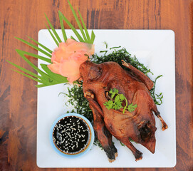 Roast Duck. Crispy whole duck, Grilled Peking Duck. View from above. - 761952809