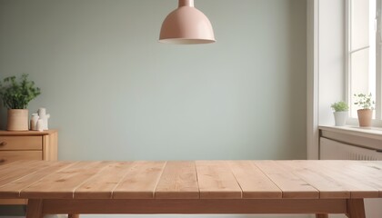 Fototapeta na wymiar Minimal Scandinavian contemporary empty wooden table with sunlight. Simplistic Home office, plant, clean. pastel