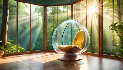 A minimalistic pod chair featuring a transparent seat and a wooden frame, placed near a floor-to-ceiling window overlooking a lush forest, with rays of sunlight streaming in.