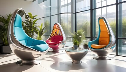An ultra-modern pod chair with dynamic curves and a metallic finish, located in a futuristic, sunlit atrium filled with abstract plant sculptures and large glass panels. - obrazy, fototapety, plakaty