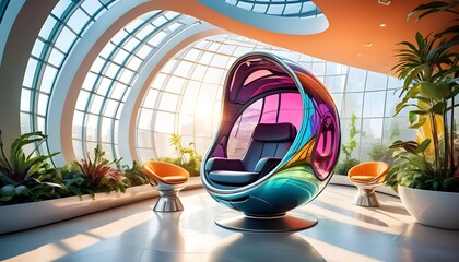An ultra-modern pod chair with dynamic curves and a metallic finish, located in a futuristic, sunlit atrium filled with abstract plant sculptures and large glass panels. - obrazy, fototapety, plakaty