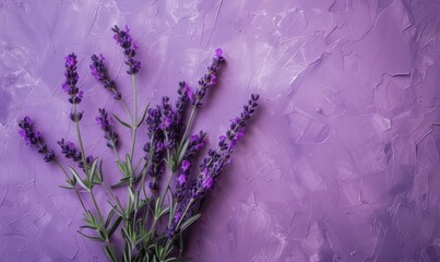  a few sprigs of blooming lavender flowers against a textured purple background, conveying a sense...