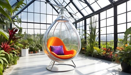 A pod chair with a sculptural form, resembling a crystalline structure, positioned in a sun-drenched conservatory filled with towering potted plants and natural light.
