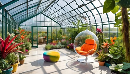 A pod chair with a sculptural form, resembling a crystalline structure, positioned in a sun-drenched conservatory filled with towering potted plants and natural light. - obrazy, fototapety, plakaty