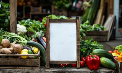 a rustic wooden frame holding a blank white sign, surrounded by a variety of fresh vegetables, creating a farm-stand or farmers market scene.