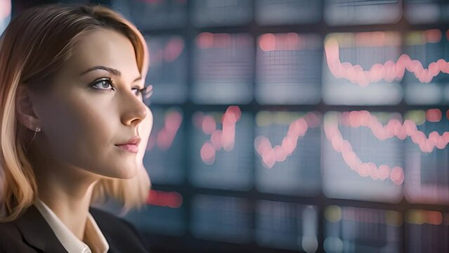 A Dynamic Businesswoman Examining Data with Focused Precision