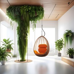 pod chair featuring a unique, lattice-like structure, set amidst an urban rooftop garden with cascading plants and a panoramic city view. - obrazy, fototapety, plakaty