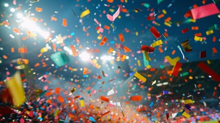 The winning goal is met with an explosion of confetti and streamers adding to the joy and celebration in the stadium. - obrazy, fototapety, plakaty