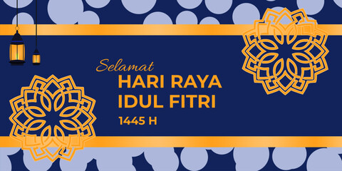Islamic banner design template with Eid al-Fitr theme in blue and gold shades, good for Eid al-Fitr celebration designs