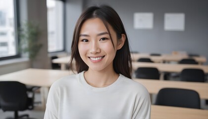 Portrait of a Cheerful Asian Japanese, Korean young woman, girl. close-up. smiling. at home, indoor.