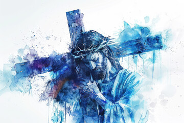 Jesus Christ Carrying the Cross blue watercolor - obrazy, fototapety, plakaty