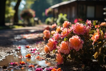 Beautiful flowers bloom near a water puddle in the garden