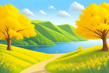 Gordijnen Beautiful and Peaceful Nature Scenery Illustration, Landscape, Countryside, Tranquil, Vibrant and Colorful © Imejing