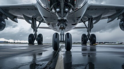 The sy landing gear ensures the plane can handle the weight of its cargo during takeoff and landing. - obrazy, fototapety, plakaty