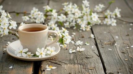 Obraz na płótnie Canvas Cup of tea with white flowers on a wooden table. Beautiful spring background, close up.