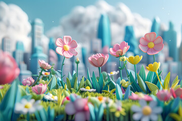 3D render colorful digital art of playful flowers in the foreground with a whimsical, stylized city skyline backdrop.