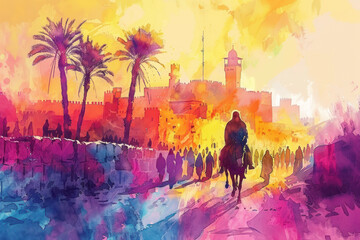 Fototapeta premium Purple watercolor of Jesus riding a donkey to Jerusalem, palm sunday