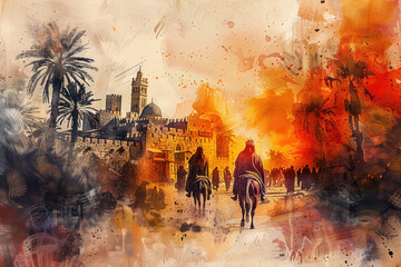 Red watercolor of Jesus riding a donkey to Jerusalem, palm sunday - obrazy, fototapety, plakaty