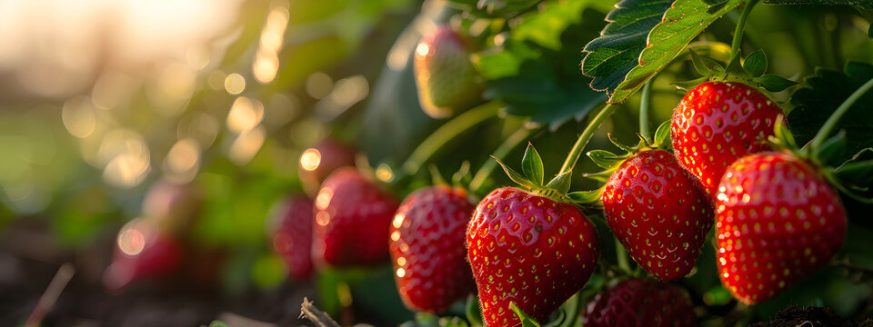 Strawberries growing in a garden, ripe for harvest. A beautiful image of fresh, organic fruit in a natural setting.