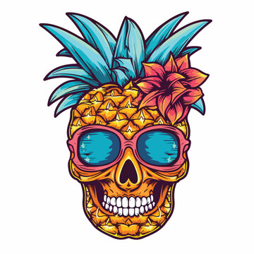 Surfing pineapple skull mascot illustration for t-s