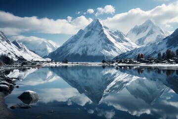 Fototapeta na wymiar Snowy mountain reflected in water surrounded by snowcovered mountains