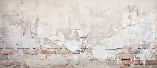 Texture of an aging white brick wall with damaged plaster and mold.