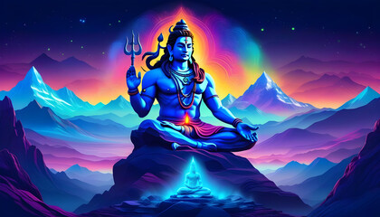 Fototapeta na wymiar A digital art piece featuring a giant, bioluminescent Lord Shiva meditating in a forest with a mountain backdrop
