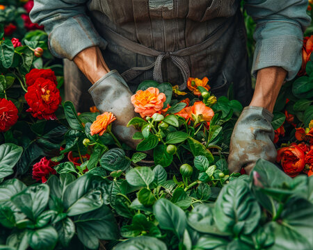 hands of a gardening mother care for the plants with love and care. Surrounded by lush greenery and lively flowers. Capture moments of tender care and devotion.