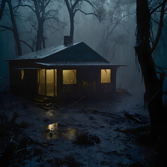 In a spooky forest, a decrepit cabin stands alone.
