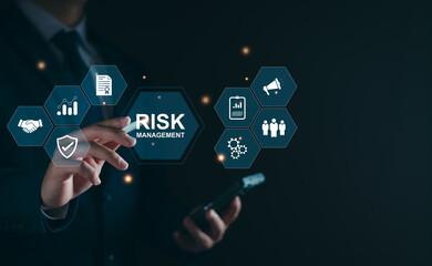 Risk manage, Business risk assessment. Businessman assess investment, Safety control risk. Reduce opportunity for financial investment, projects, manage business. Manage low level strategy.