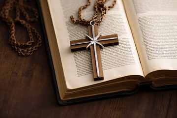 Closeup of simple wooden Christian cross necklace on Old Bible. Christian background with copy space 
