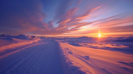 In the Arctic the midnight sun casts a soft golden light over the snowcovered landscape providing a perfect backdrop for the Northern Lights to paint the sky in a symphony
