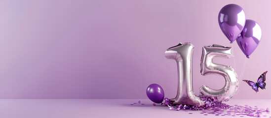 silver 15th birthday balloons with purple butterfly on simple pink background. copy space