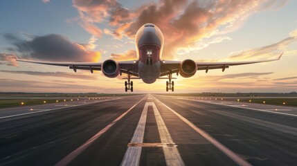 airplane landing at sunset