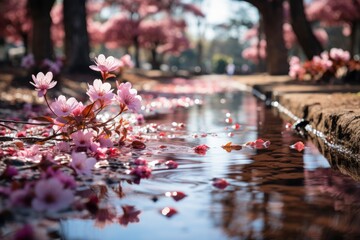Cherry blossoms scattered on park water create a serene natural landscape