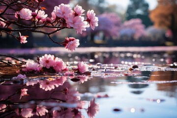 A pink flowered tree branch hangs over water in a natural landscape