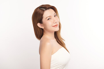 Fototapeta premium Beautiful young asian woman with clean fresh skin on white background, Face care, Facial treatment, Cosmetology, beauty and spa, Asian women portrait.