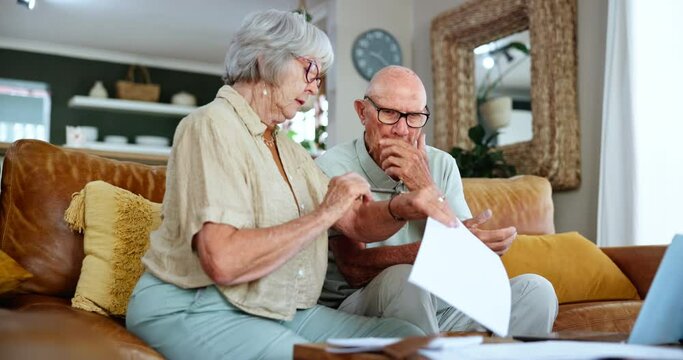 Elderly couple, planning and pen with paper for life insurance, pension fund or mortgage. Senior people, retirement and talking with documents for financial loan, savings budget or will information