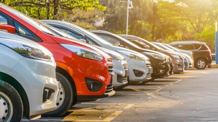 Car parked at outdoor parking lot. Used car for sale and rental service. Car insurance background. Automobile parking area. Car dealership and dealer agent concept. Automotive industry. - obrazy, fototapety, plakaty