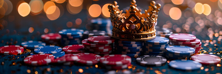 King Crown and Poker Chips on Dark Background,
Casino cards poker blackjack baccarat chips illustration picture