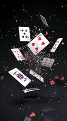 3d Royal flush explosion cards flying down from the sky slightly bent on black background Photorealistic
