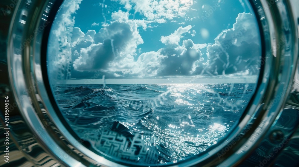 Poster a view through a porthole of a luxurious yacht capturing the distorted dreamlike reflections of the 