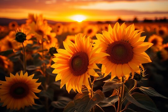 Field of sunflowers with setting sun, happy landscape