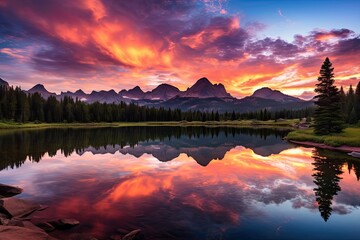 The Needle Mountains during sunrise. The lake in the foreground is Molas Lake and is located about an hour north of Durango, Colorado - obrazy, fototapety, plakaty