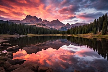 The Needle Mountains during sunrise. The lake in the foreground is Molas Lake and is located about an hour north of Durango, Colorado - obrazy, fototapety, plakaty