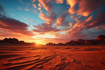 Orange afterglow over desert with mountains in the background - obrazy, fototapety, plakaty