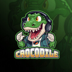 Crocodile with headphone mascot logo design vector for badge, emblem, esport and t-shirt printing