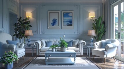 Light blue The living room has been adorned with lamps and potted trees.3D renderings,Elegant and Tranquil Room Design. White and Light Blue Interior with Stylish Furniture - obrazy, fototapety, plakaty