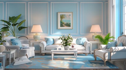 Light blue The living room has been adorned with lamps and potted trees.3D renderings,Elegant and Tranquil Room Design. White and Light Blue Interior with Stylish Furniture
