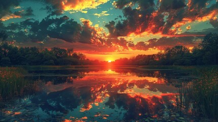 A sunset casts a warm glow over a pair of mirrored fields giving the impression of two suns setting simultaneously. The tranquil scene is reflected in a nearby pond creating